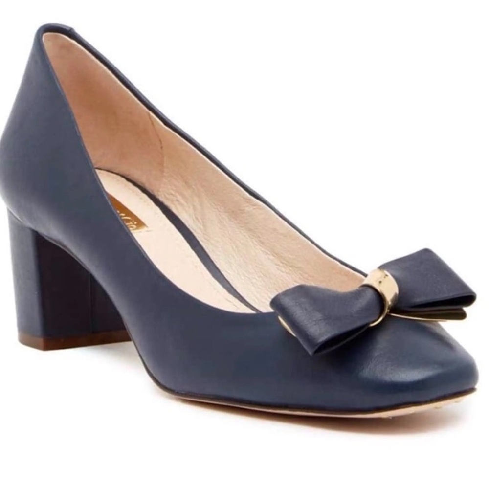 Louise et Cie Lolilla Navy Block Heel Pumps with Gold Color Bows